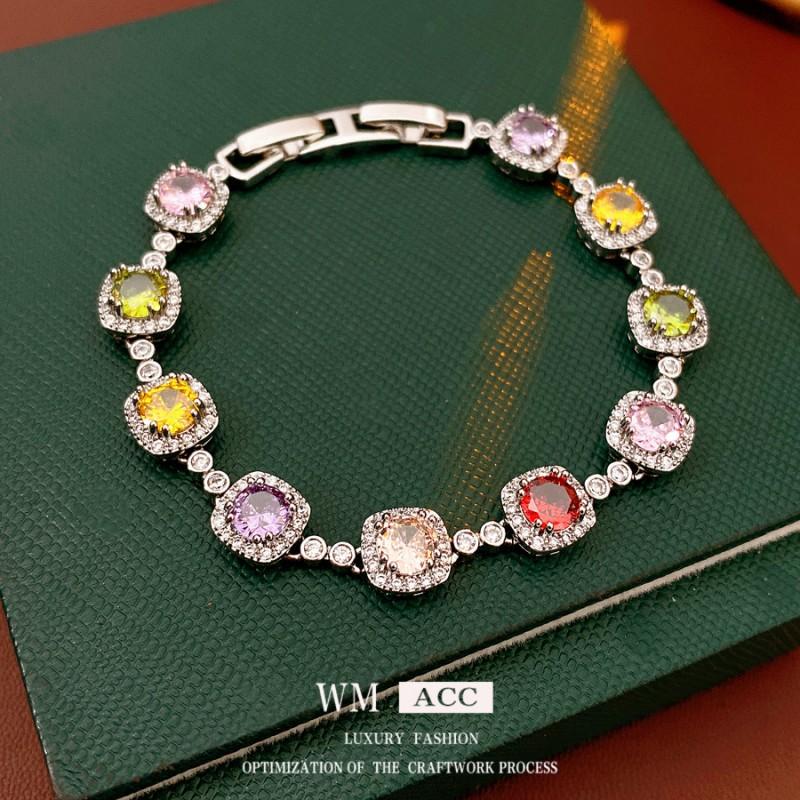 Vintage-Inspired Round Zircon Clip Bracelet Women Silver-Tone Copper Alloy With Colorful Gemstones Geometric