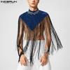 Summer Men's High Collar Glitter Plaid Tassels Semi-Sheer Cloaks Tops