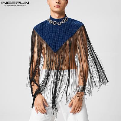 Summer Men's High Collar Glitter Plaid Tassels Semi-Sheer Cloaks Tops
