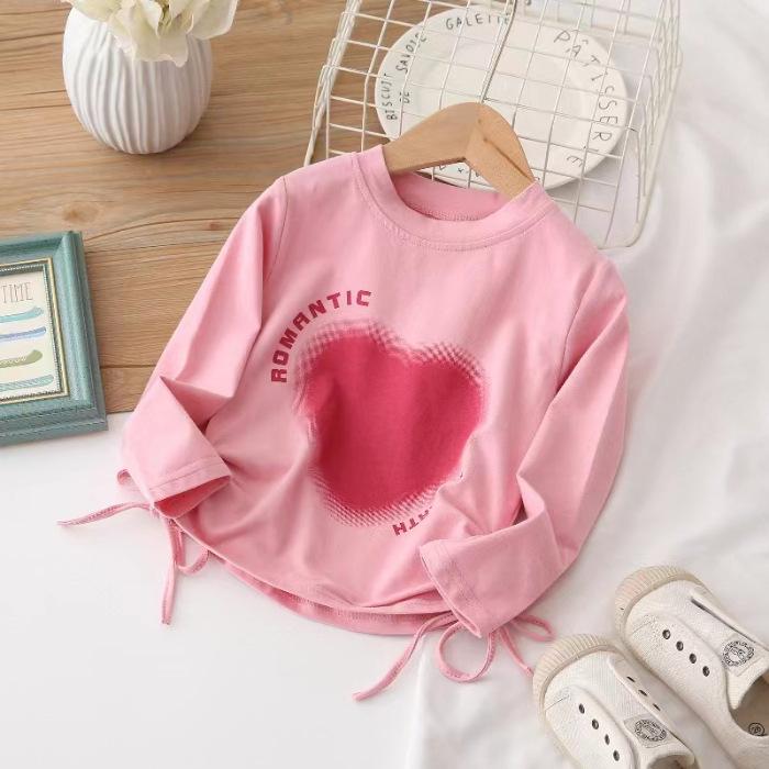 Girls Fall Korean Heart Drawstring Irregular Long Sleeve T Shirt Baby Fashionable Top