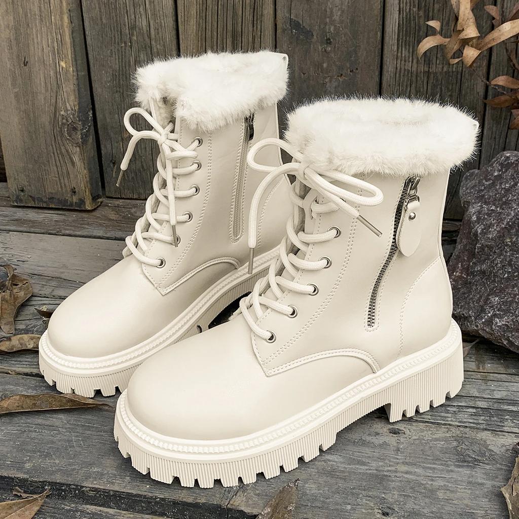 Winter Plush Ankle Boots for Women Non Slip Thick Bottom Furry Snow Boot Pu Leather Short Booties Classic Cotton Shoes for Women