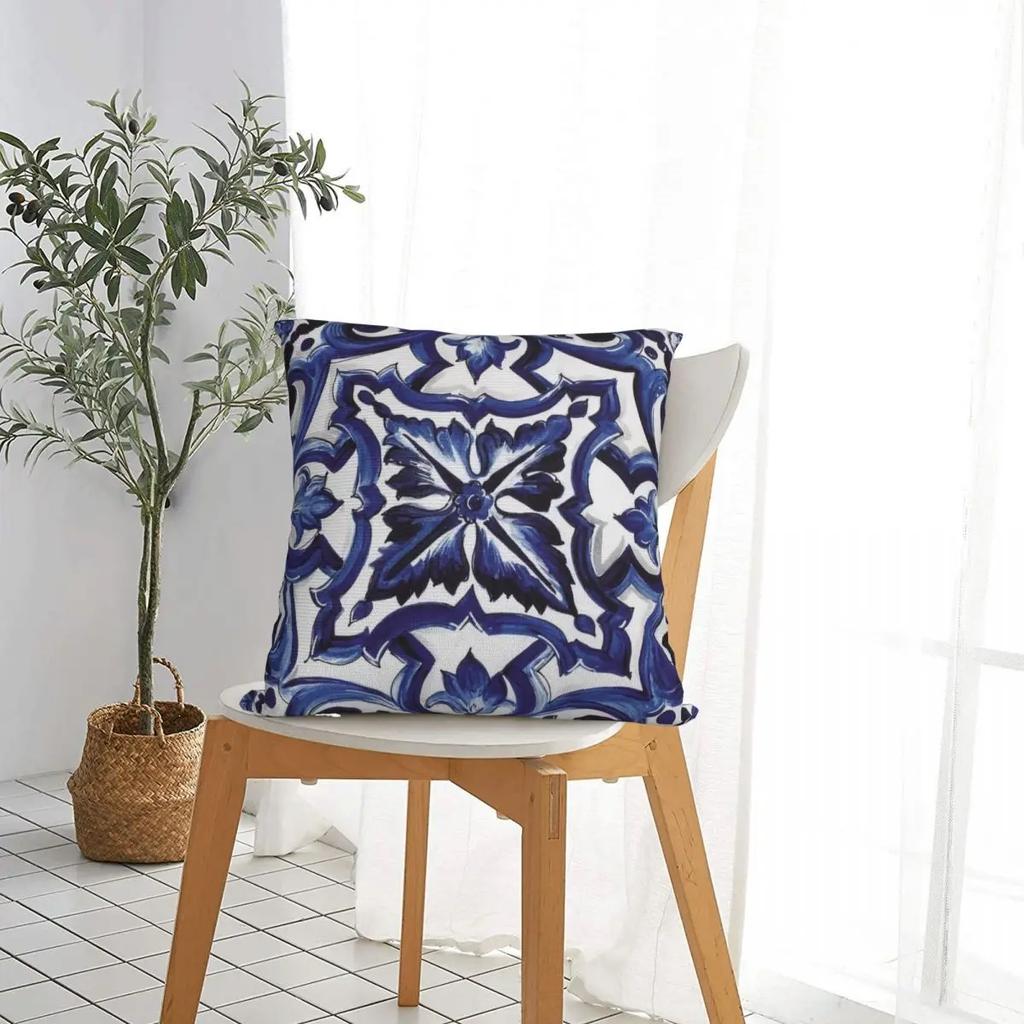 Funda De Almohada Cuadrada Con Azulejo Sicilano Mediterrneo Floral Adornado Azul, Funda De Almohada, Cojín Para El Hogar, Sof