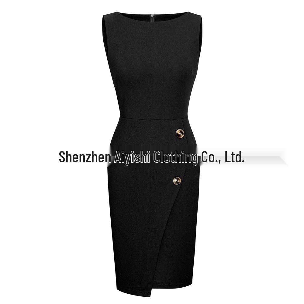 

European and American Style Elegant Mid-Waist Sleeveless Button-Up Dress Extra Large чёрный