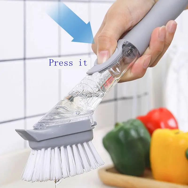 2 In 1 Kitchen Cleaning Brush Long Handle Pot Dish Sponge Dishwashing Scrubber Liquid Soap Dispenser Removable Cleaner Wash Wipe