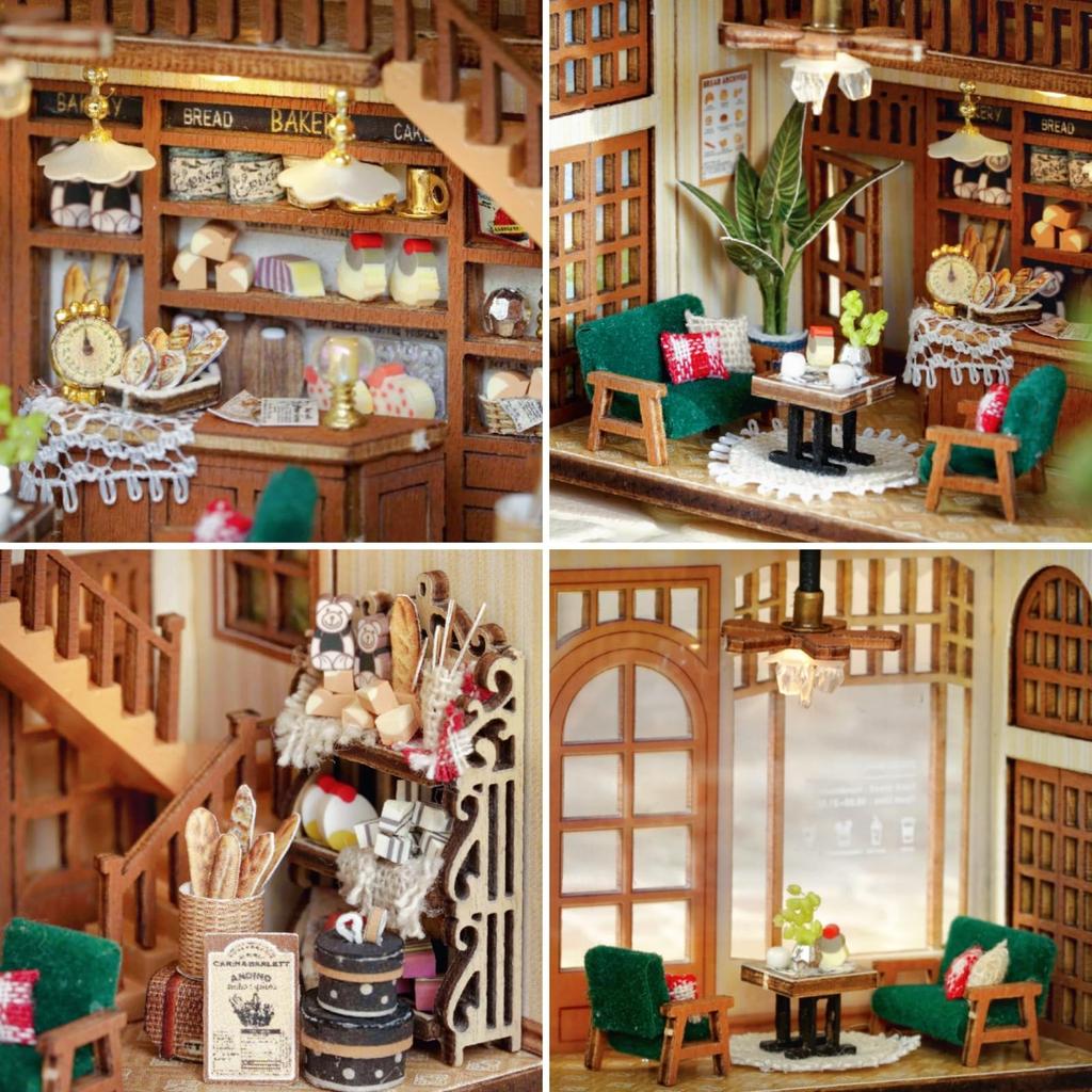 ZKEIZU Kit Modello in Legno Fatto a Mano per Casa delle Bambole in Miniatura DIY Regalo da Collezione con Luci a LED Artigianato per Adulti (Ora del Bagel)