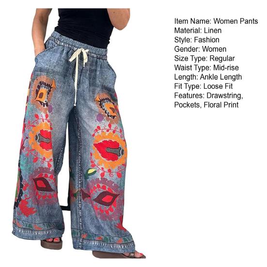Pantaloni de damă cu șnur, imprimat exagerat, cu design de denim imitație, Pantaloni cu picioare largi Pantaloni cu talie elastică, cu buzunare
