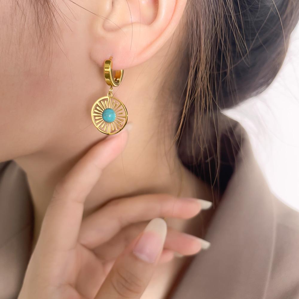 Vintage 316L Stainless Steel Gold Color Turquoise Stone Hoop Earrings For Women High Quality Girls Round Huggies Jewelry Party