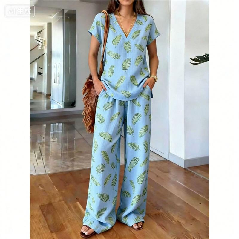Bohemian retro gradual change striped suit women s loose V-neck top wide-leg pants vacation style casual two-piece set S
