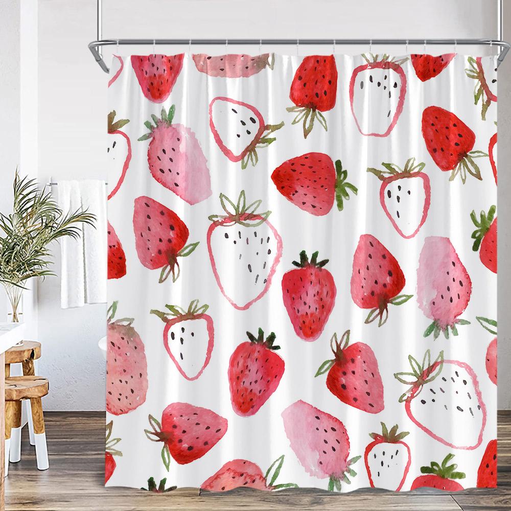 Erdbeer-Mädchen Rosa Duschvorhang Badezimmer Deko Frucht Sommer Kinder Schleifenmuster Schick Modern Frau Polyester Badewannenvorhang