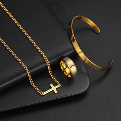3pcs Boy Fashion Stainless Steel  Set - Versatile Golded Cross Necklace, Open Curb Chain Bracelet and Comfort Fit Ring