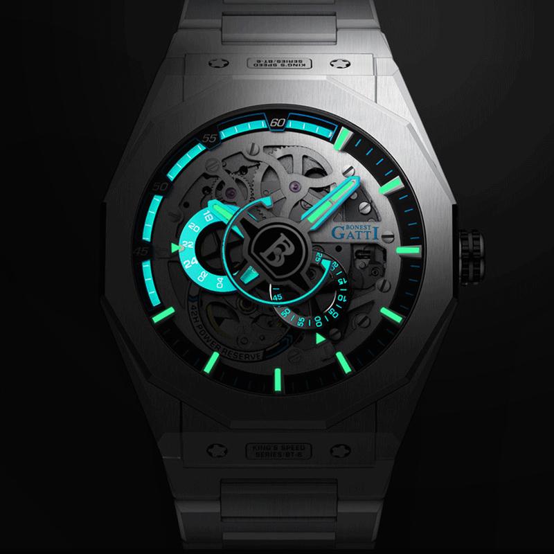 BONEST GATTI Men's Watch German Automatic Mechanical Skeleton Luminous Stainless Steel Bracelet Men's High-End Watches