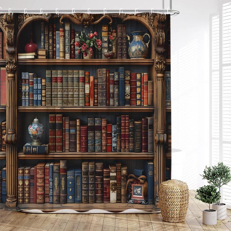 Vintage Bookshelf Shower Curtain Retro Book Green Plant Leaves Modern Fabric Home Wall Hanging Bathroom Curtain Decor with Hooks