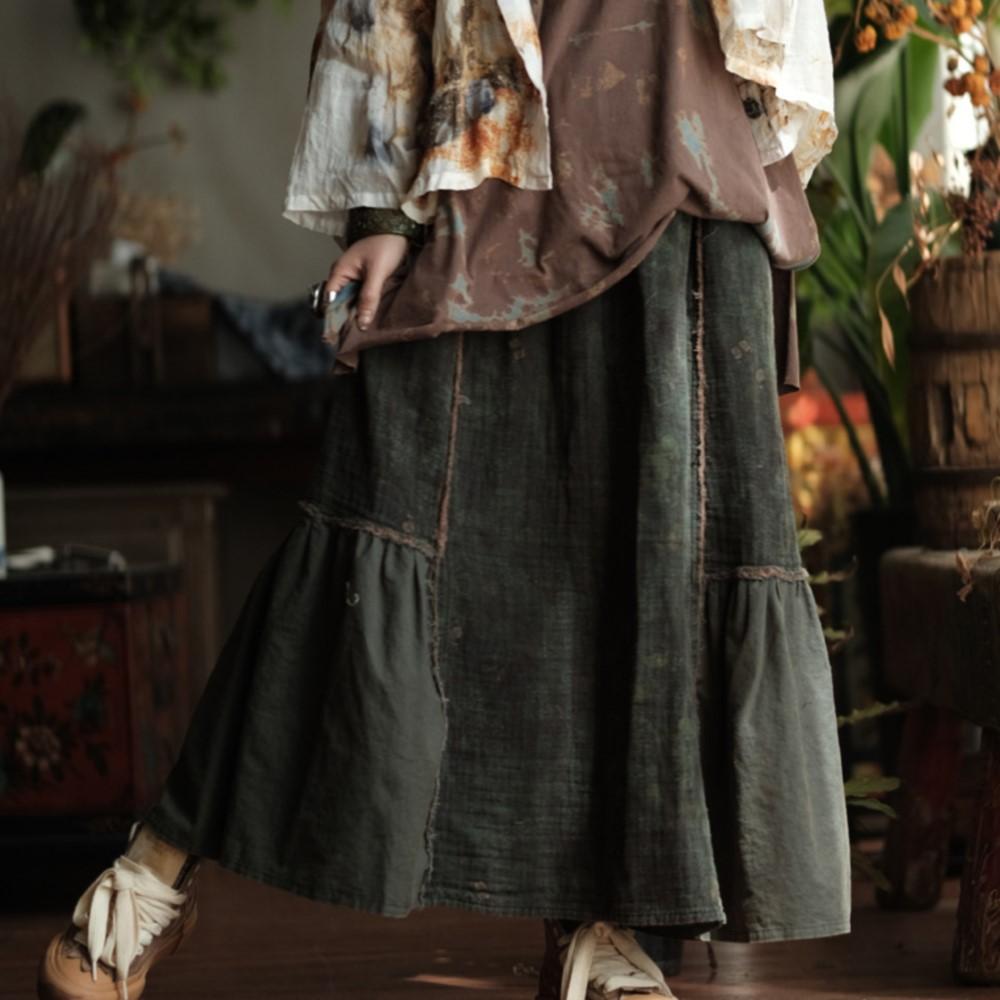 

Johnature Жіночі Вінтажні Зелені Спідниці Еластична Талія Печворк Вільні Осінні Китайський Стиль Жіночі А-Силуету Спідниці One Size