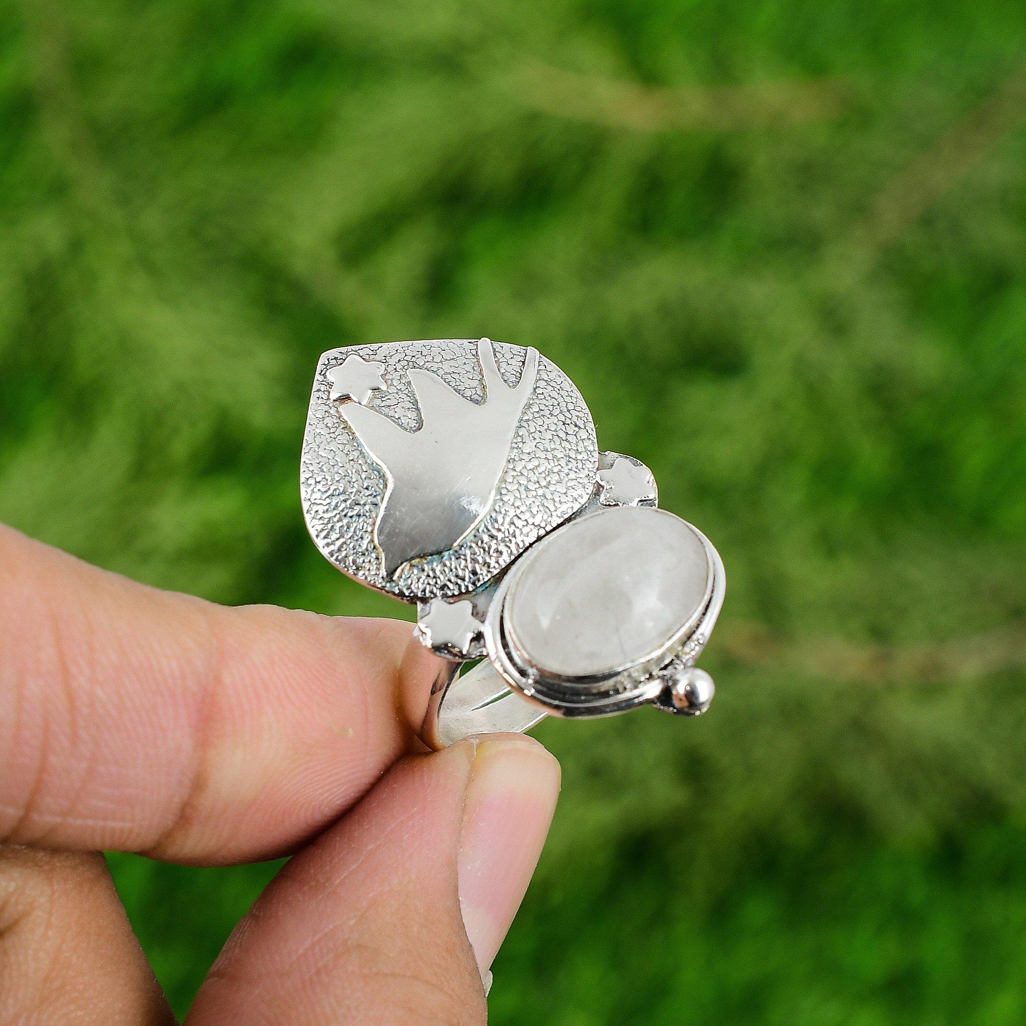 

Подарок для нее Кольцо-обещание из серебра 925 пробы с натуральным радужным лунным камнем в виде птицы, регулируемое Adjustable