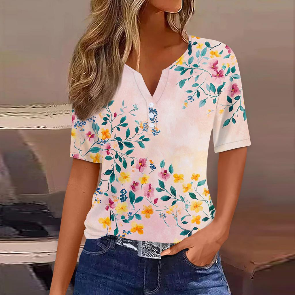 Camiseta feminina estampada botão manga curta diário fim de semana moda básica decote em v regular top