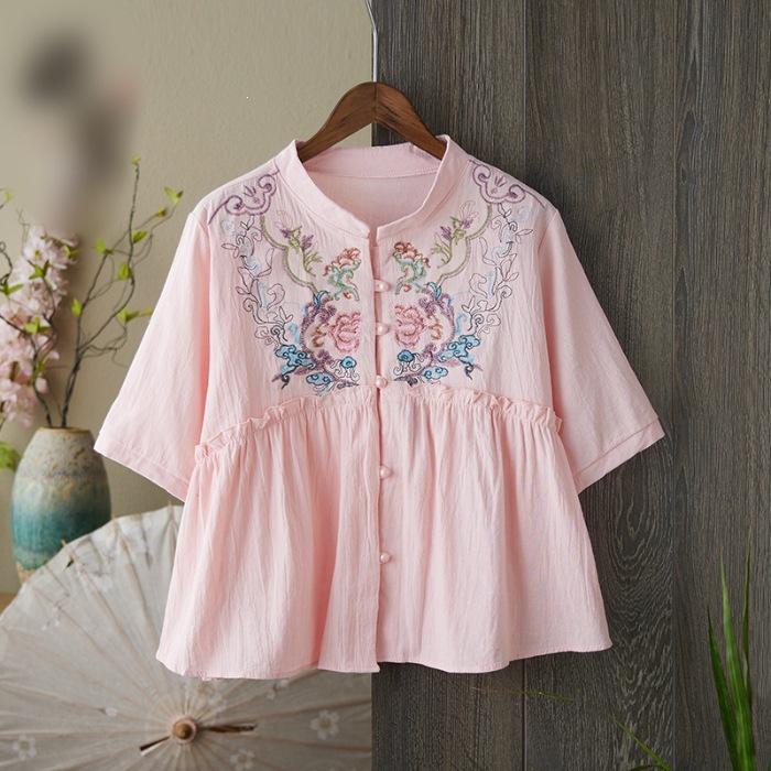 Women s Summer Retro Embroidered Boho-Chic Cotton-Linen Shirt: Loose-Fit Embroidered Top with Button Closure XS розовый