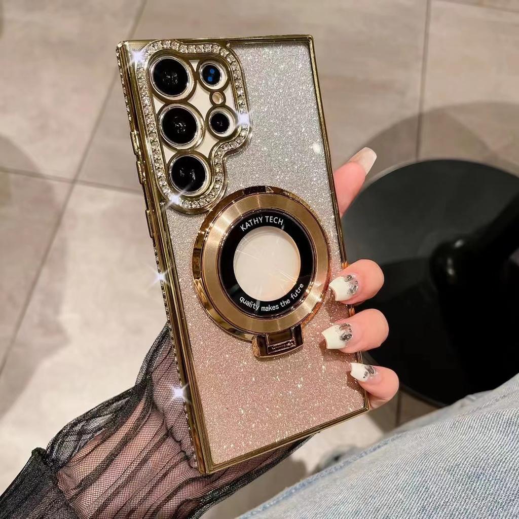 Samsung 25 Ultra Mobile Phone Case Rhinestone Flash Powder Electroplated Magnetic Bracket for Women's Model Suitable for S24 Soft Shell Anti Fall