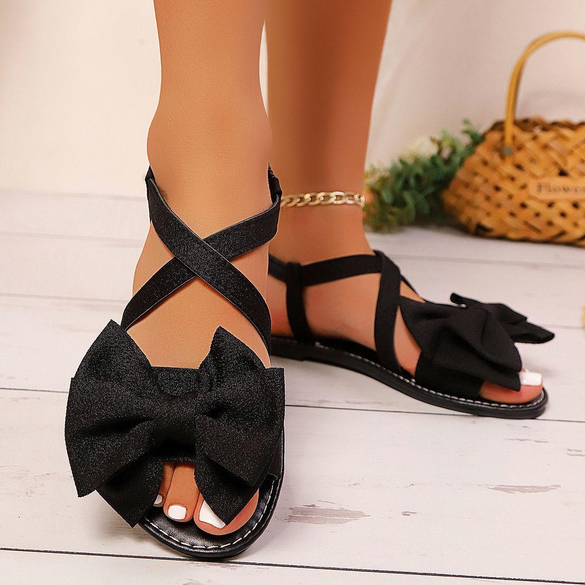 

Women s sandals 2025 summer sweet wind bow soft sole outside wear casual cross strap flat heel beach sandals 43 чёрный