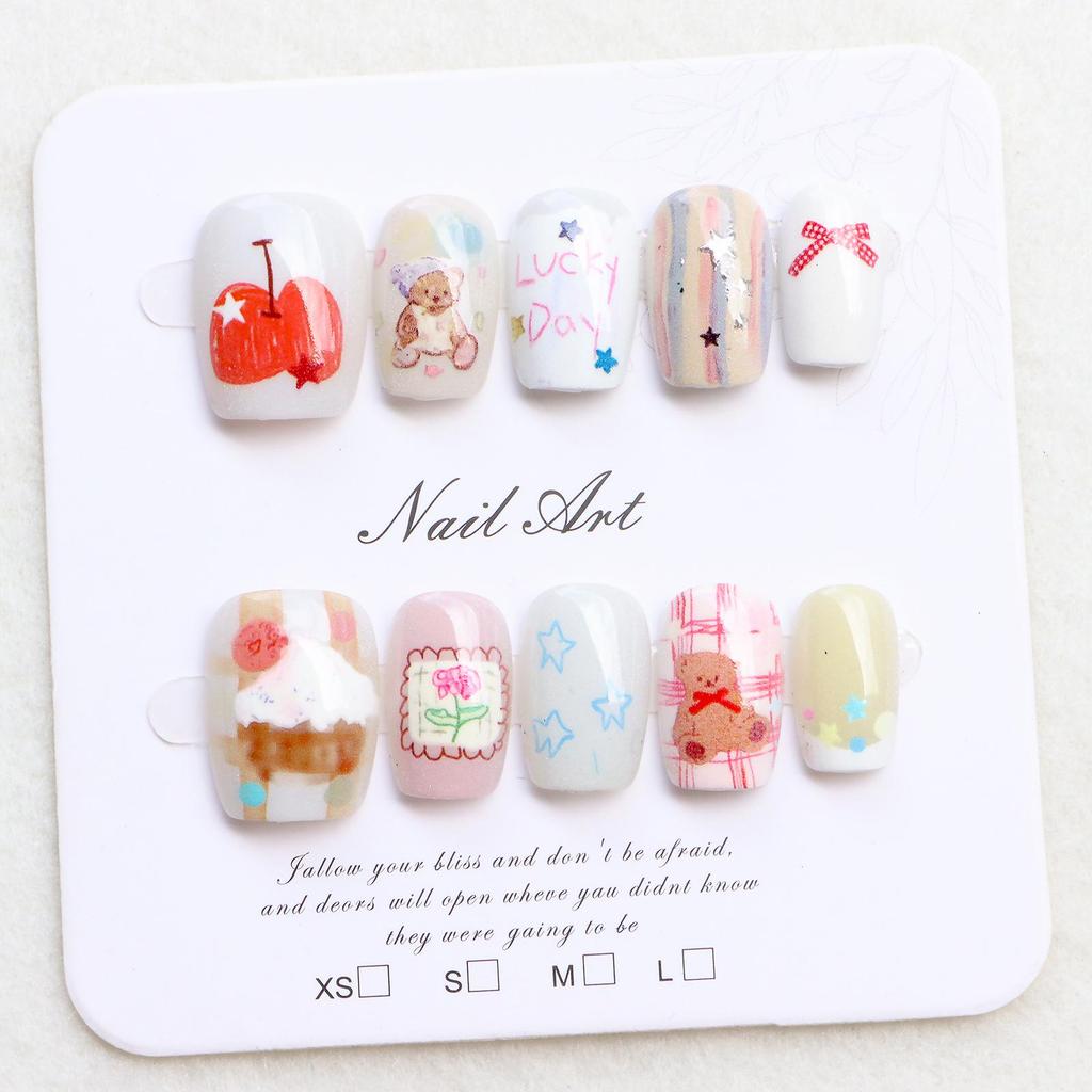 Cartoon Bear Style Wearable Nails with Silver-Plated Stars - Fresh French Nail Art Tips