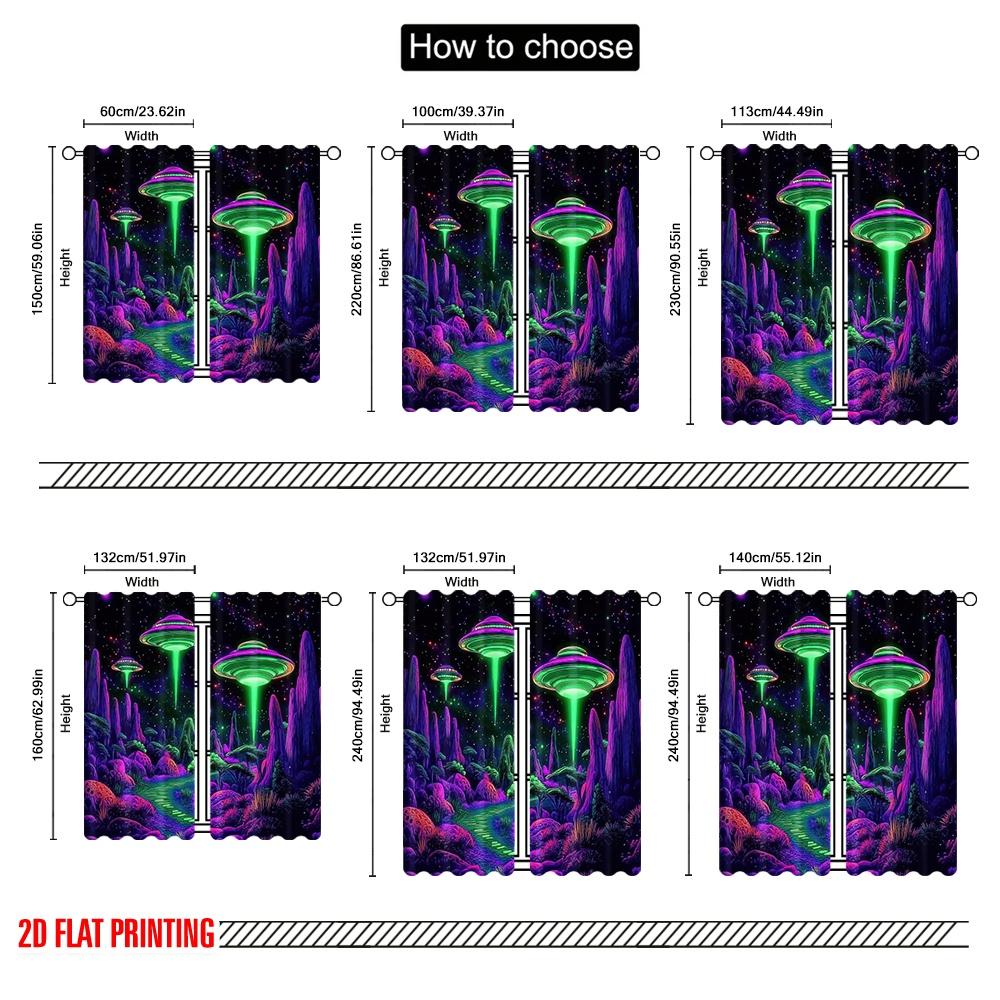 2D flat printing 2pcs Curtain Glow in the Dark Space Galaxy Alien Wall Protecting Privacy Party Decorations Use for Holiday Home