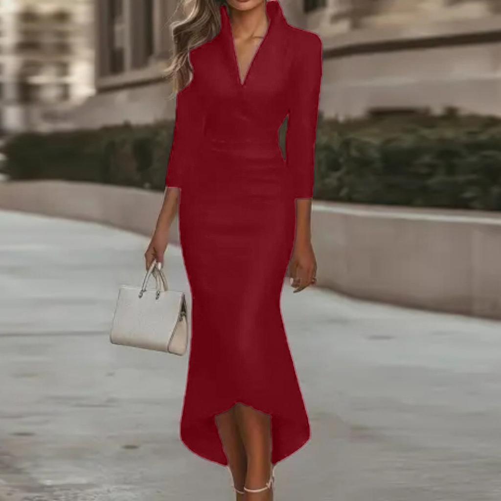 Women's Fashionable Elegant -Colour Long-Sleeved V-Neck Satin Dress