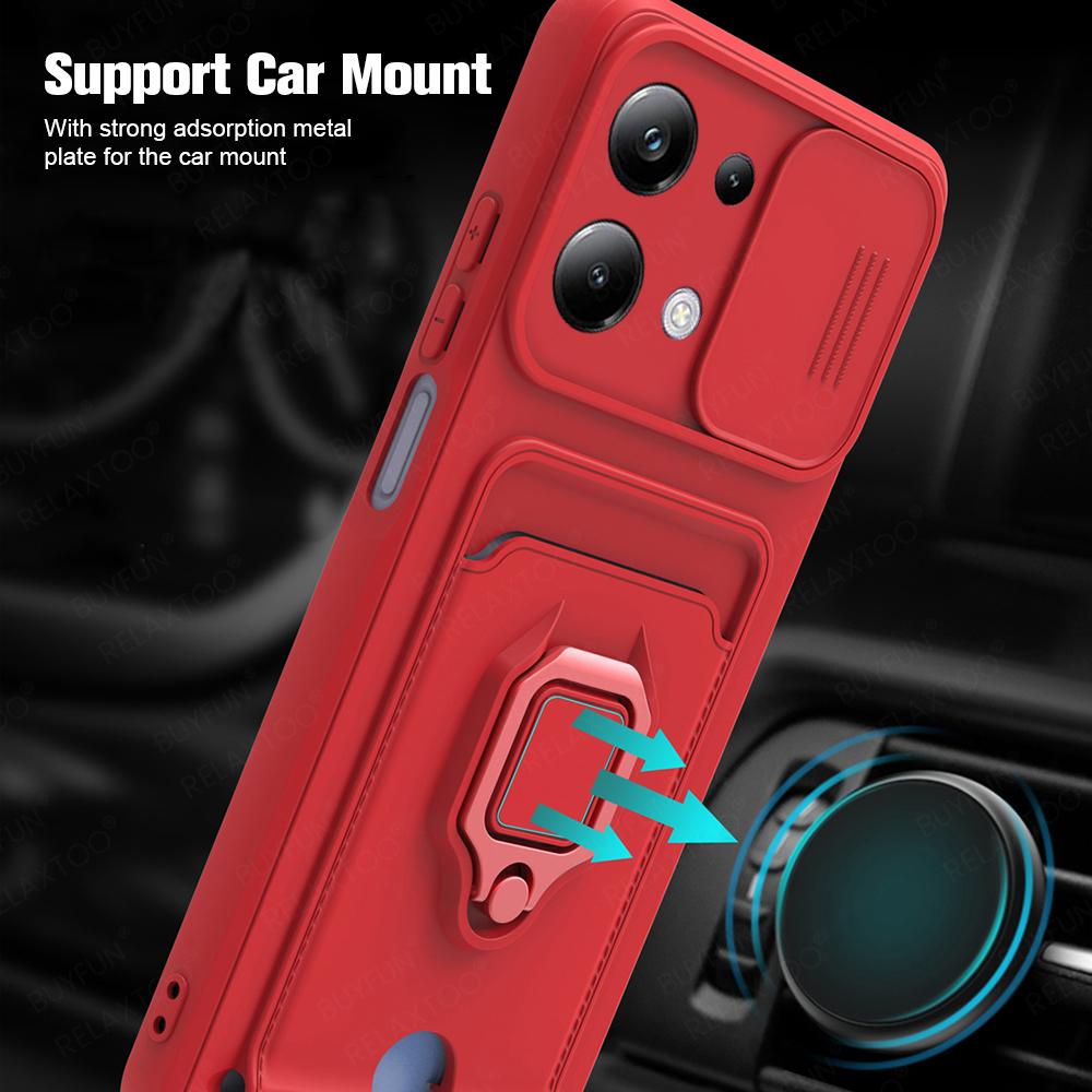 Slide Camera Lens Protection Case For Xiaomi Poco M6 Pro 4G Card Slot Stand Holder Magnetic Cover Coque PocoM6Pro Little M6Pro