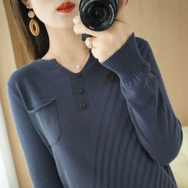Thin Versatile Pullover Casual Sweater Women's V-Neck 100% Cotton Bottoming Shirt Loose Long Sleeve T-Shirt Knit Sweater