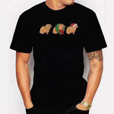Christmas Capybara Print Tshirt Men Harajuku T Shirts Short Sleeve Tops Male Casual Oversized Tshirts Shirts for Men