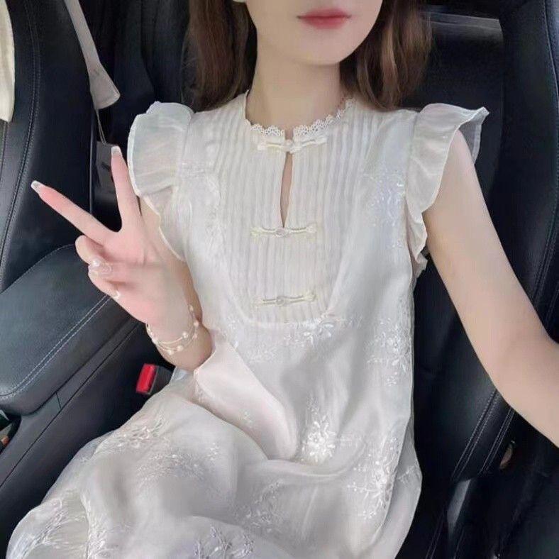 2026 Summer Women's Retro Chinese Long Dress with Small Flutter Sleeves