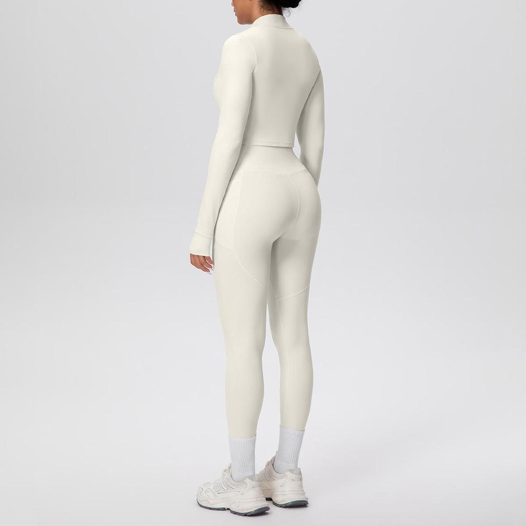 Zipper Crop Top Jacket & High-Waist Butt-Lifting Pocketed Pants Sports Set - Perfect for Yoga, Running, & Casual Fitness.