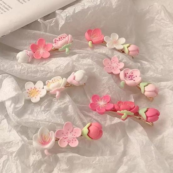 2Pcs Hairpin Soft Polymer Clay Peach Blossom Hair Clips Lightweight Non-Slip Pink Floral Design Hair Pin Hanfu Hair Accessories