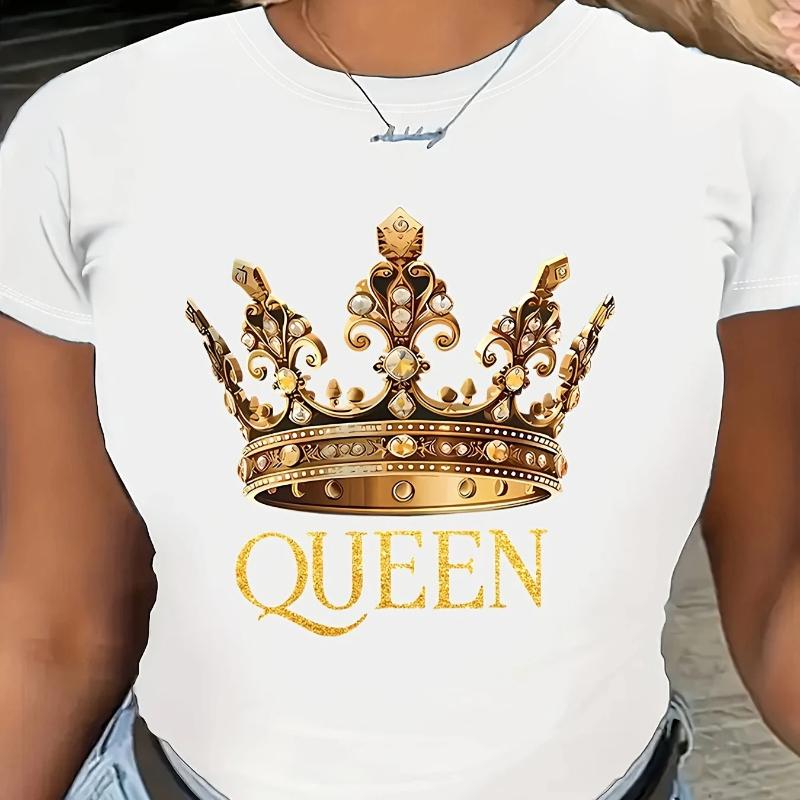 Queen Crown Graphic Print T-Shirt - Women's Casual Round Neck Short Sleeve Fashion Top, Comfortable Fit for Spring and Summer