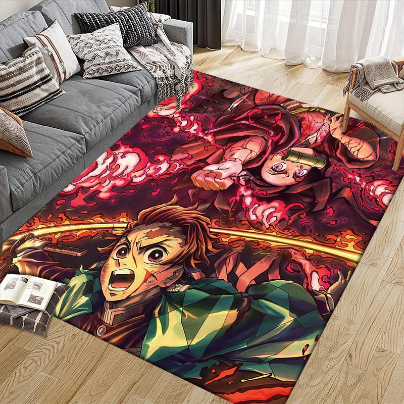 Tanjiro Kamado Flannel Pattern Square Carpet,Area Rug,Carpet Rug for Living Room Bedroom Sofa Playroom Decor,Non-slip Floor Mat