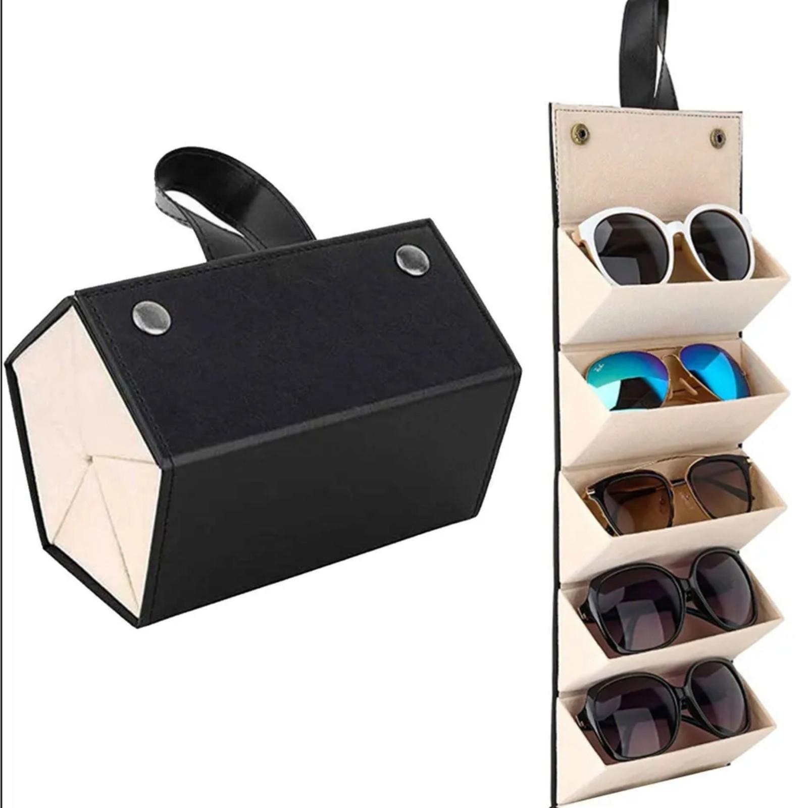 

Кожаный многосекционный футляр для очков, ящик для хранения солнцезащитных очков, портативный складной футляр для очков большой емкости с несколькими звеньями One Size чёрный