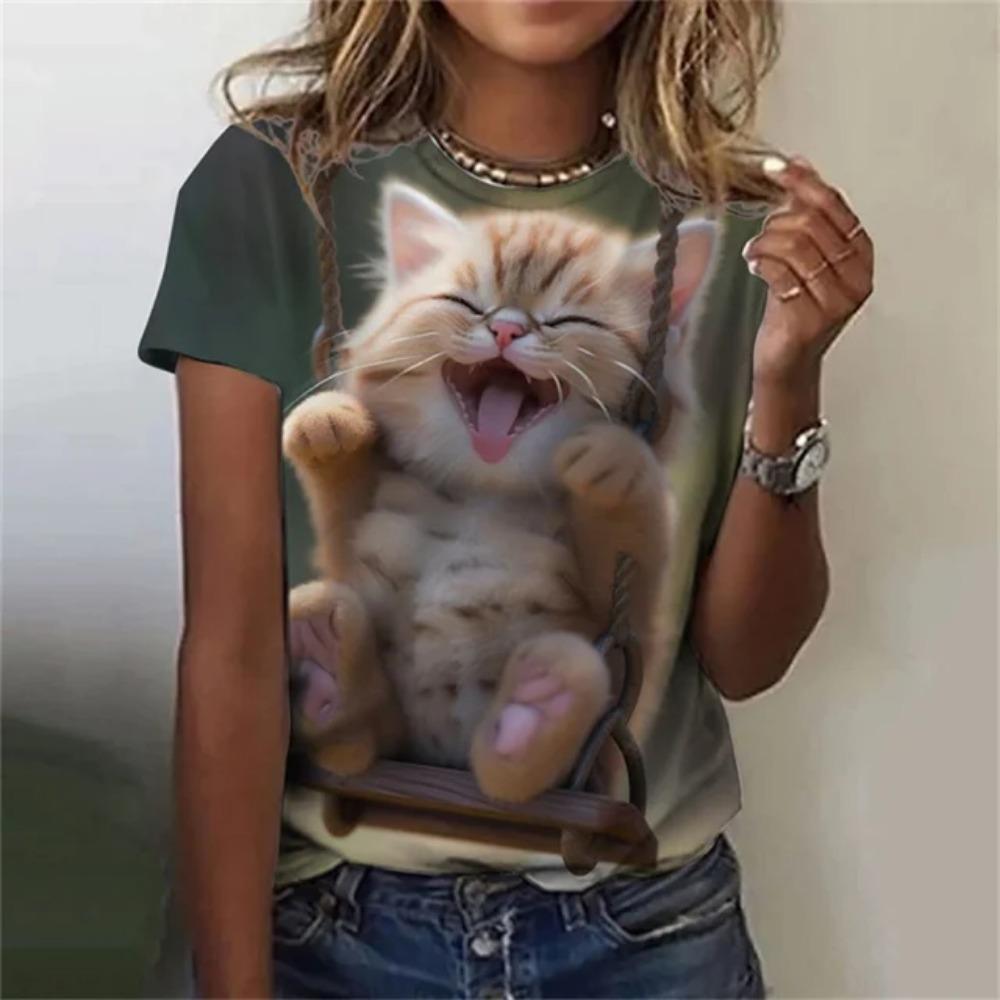 Fashion Women's T-shirt 3D Printed Kawaii Cat Pattern Short Sleeved Round Neck Top Summer Outdoor Casual Street Simple Clothing