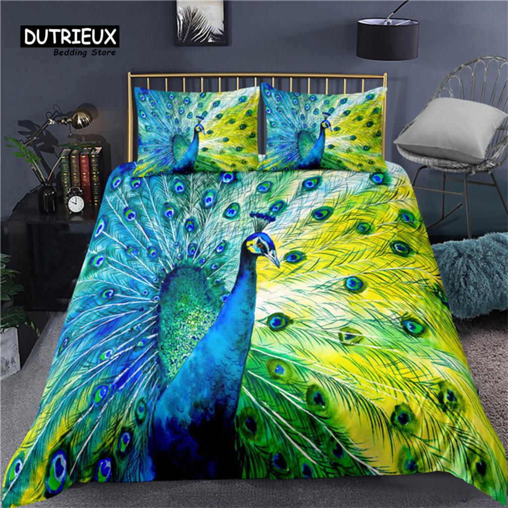 Colorful Peacock Duvet Cover Double King Queen Size Soft Peacock Feathers Bedding Set Microfiber Quilt Cover For Kids Girl Boys