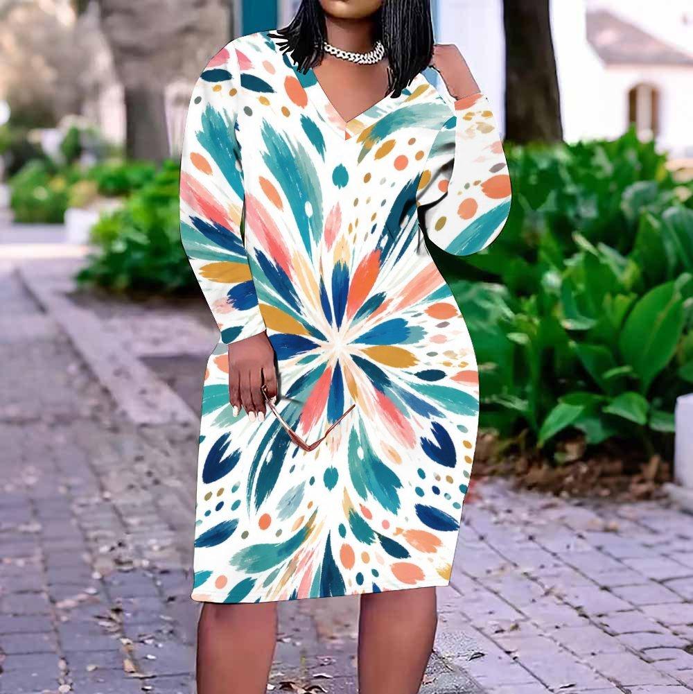 Women Plus Size V Neck Long Sleeve Printed Fitted Straight Midi Dress