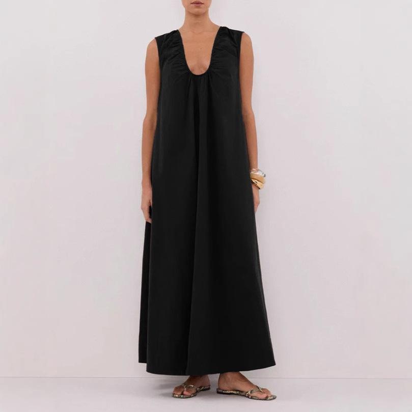 Women's Summer Nordic Minimalist Maxi Dress, Loose Sleeveless V Neck Ruched Tank Long Dress for Casual Vacation Daily Wear