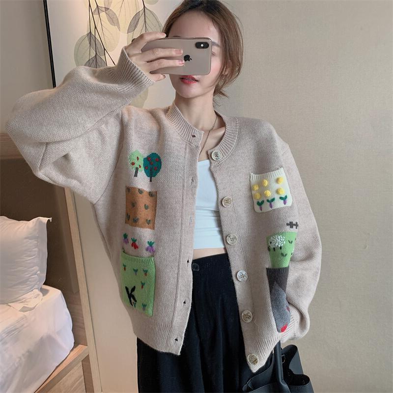 Autumn and Winter New Contrasting Color Retro Knitted Cardigan Vest Women's Loose Lazy Style Cartoon Sweater Jacket Top