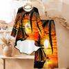 Christmas Print Two Piece Outfit Women Long Sleeve Irregular Hem Tunic Top Wide Leg Pants Casual Matching Set