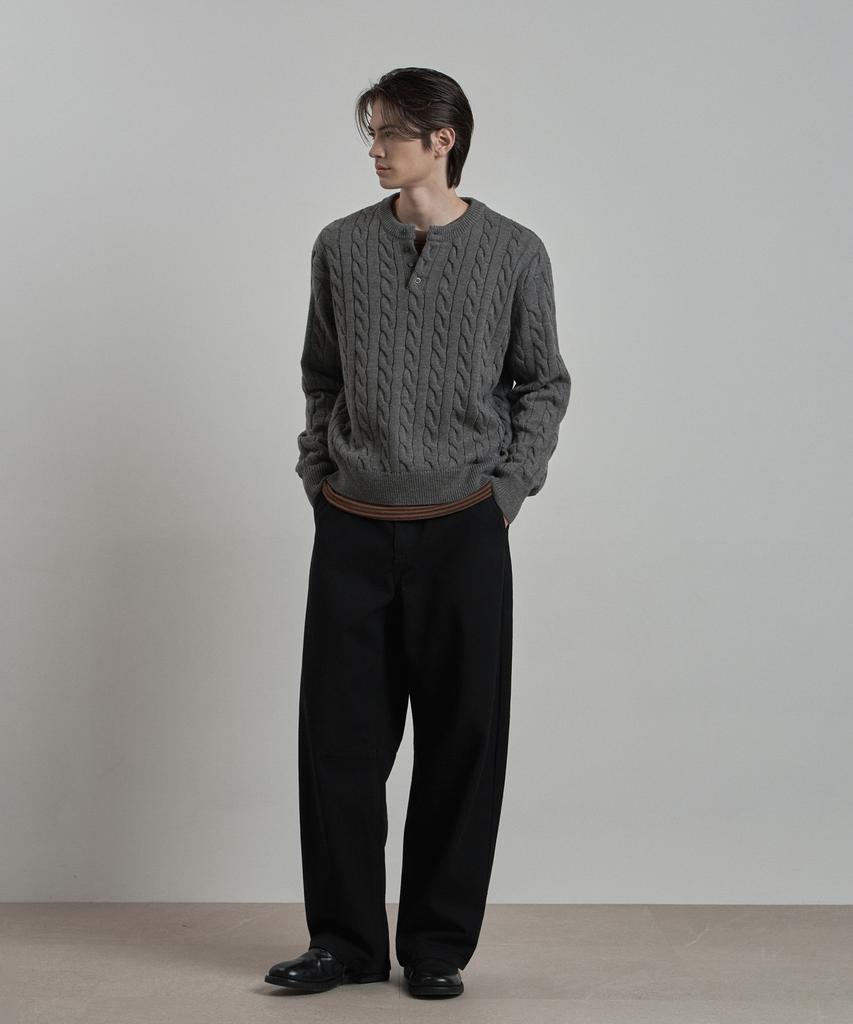 WORK ON BODY OFF Tord Semi-Overfit Cable Henley Neck Knit [Gray]