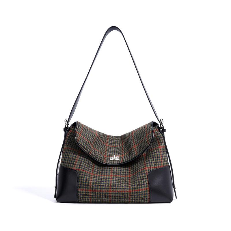 New Large-capacity Tote Bag Under the Armpit, Wool Plaid Canvas with Cowhide Girls' High-end Shoulder Bag for Women