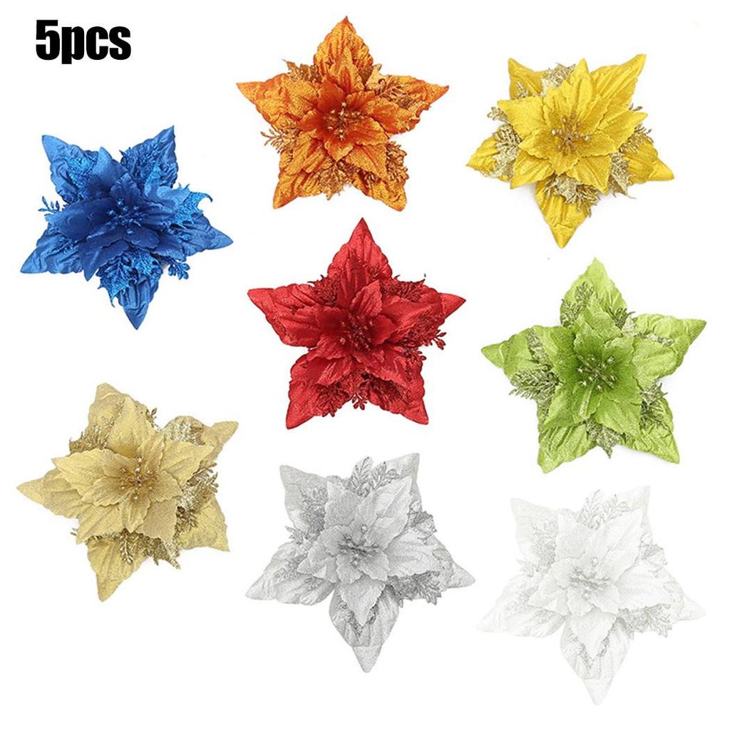 5 Pack Christmas Poinsettia Glitter Flower Ornaments in Colors
