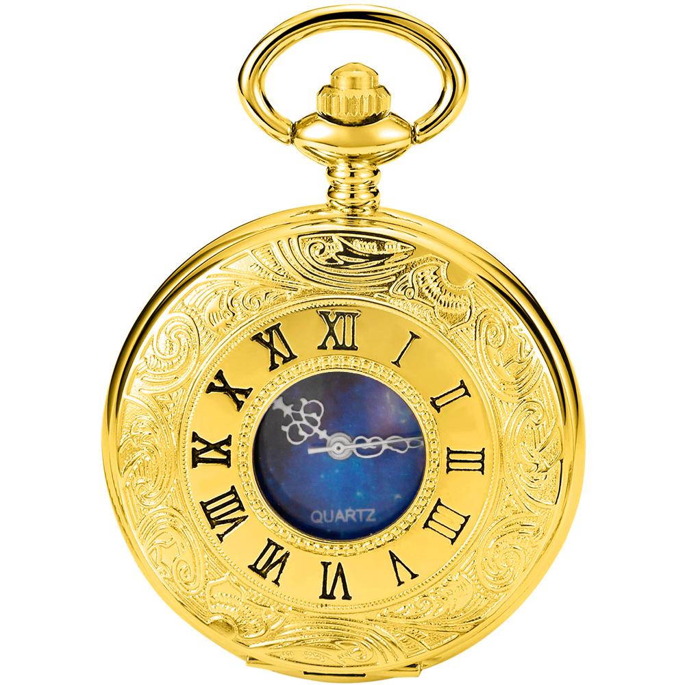 Pocket Watch Hollow Blue Starry Design Roman Numerals Vintage Quartz Pocket Watch with Chain Men's Pocket Watch