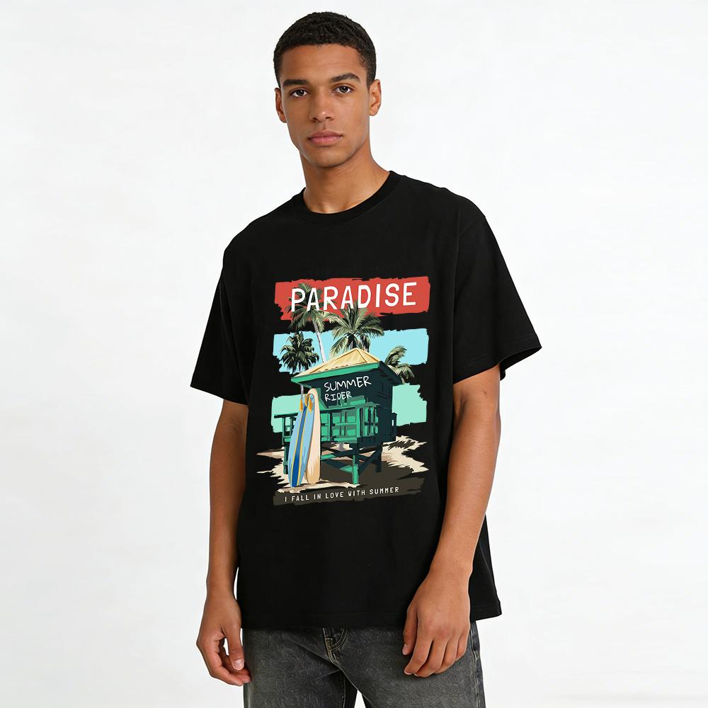 Paradise Surf Hut Print T-Shirt I Fall In Love With Summer Top Pure Cotton T-shirt