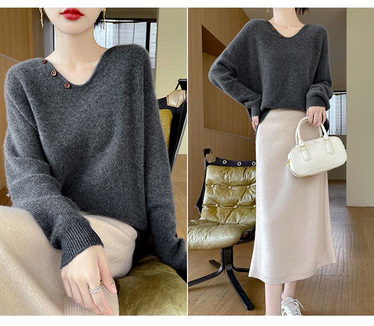 Women's V-Neck Cable Knit 100% Wool Sweater - Autumn Winter Solid Color, Loose Fit, Long Sleeve, Lazy Style, Base Layer.