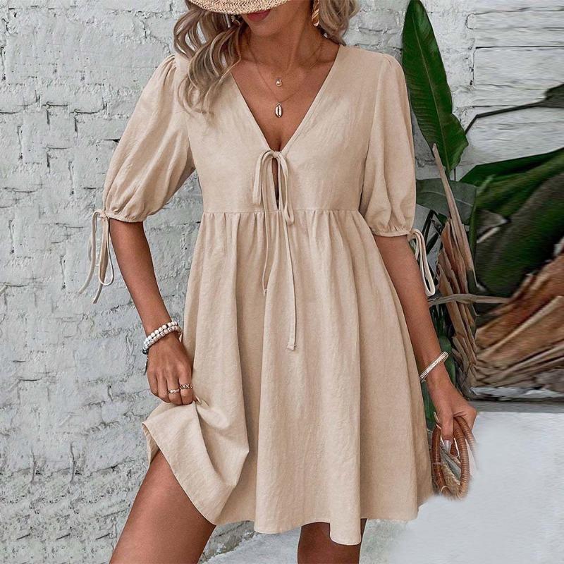 Women Elegant Loose Deep V Neck Lace Up A Line Woven Midi Dress