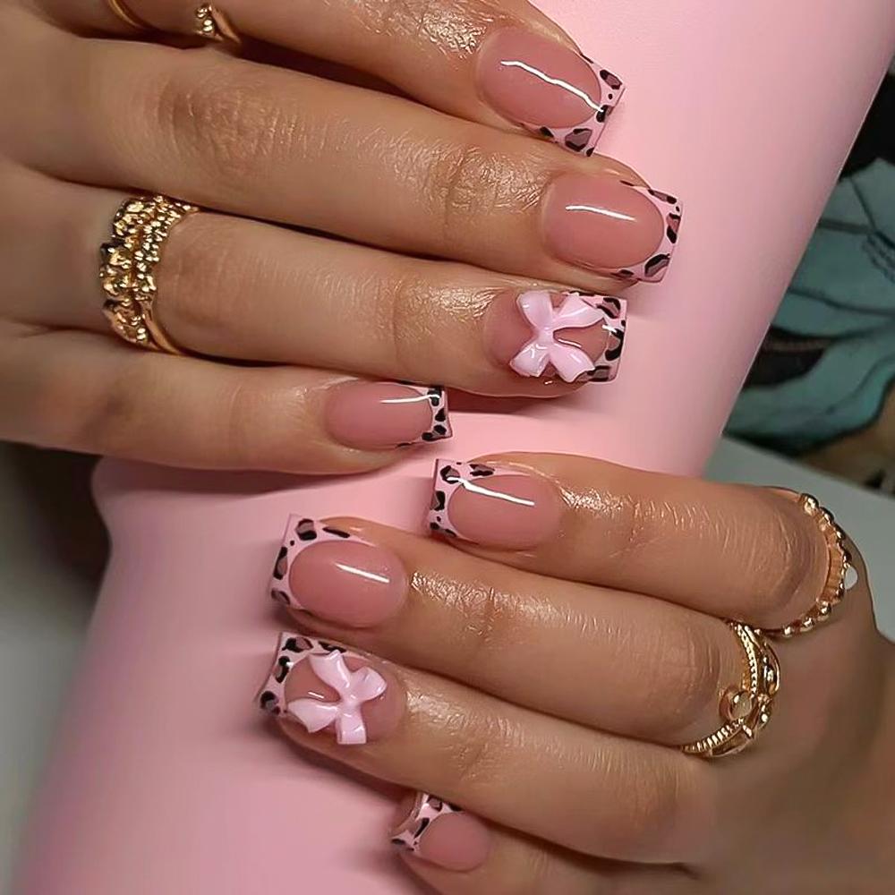 24Pcs Pink Leopard Print French Tips False Nails Short Square Head 3D Black Bowknot Fake Nails Acrylic Full Cover Press On Nails