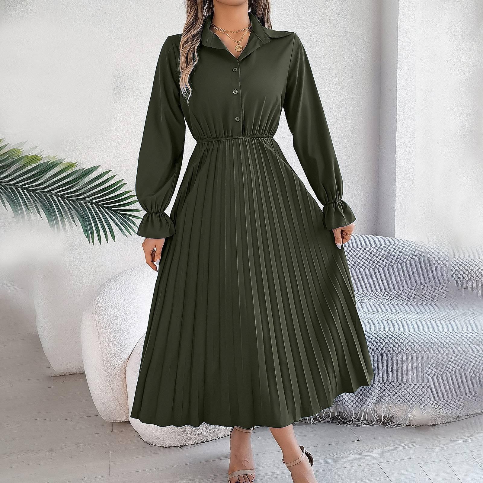 

Женское Модное Ретро Цветное Платье с Длинным Рукавом, Пуговицами на Талии и Лацканами XL армия зеленый