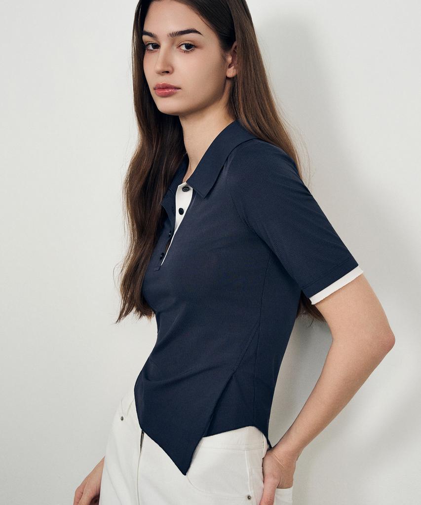 Laneonkyulleoseu Asymmetrical Cutout Collar Short Sleeve Top_Navy